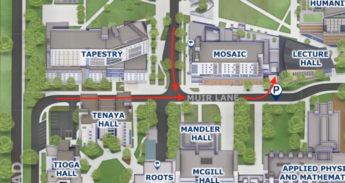 UCSD map of Scholars Parking Garage with arrows pointing to the Muir Lane entrance